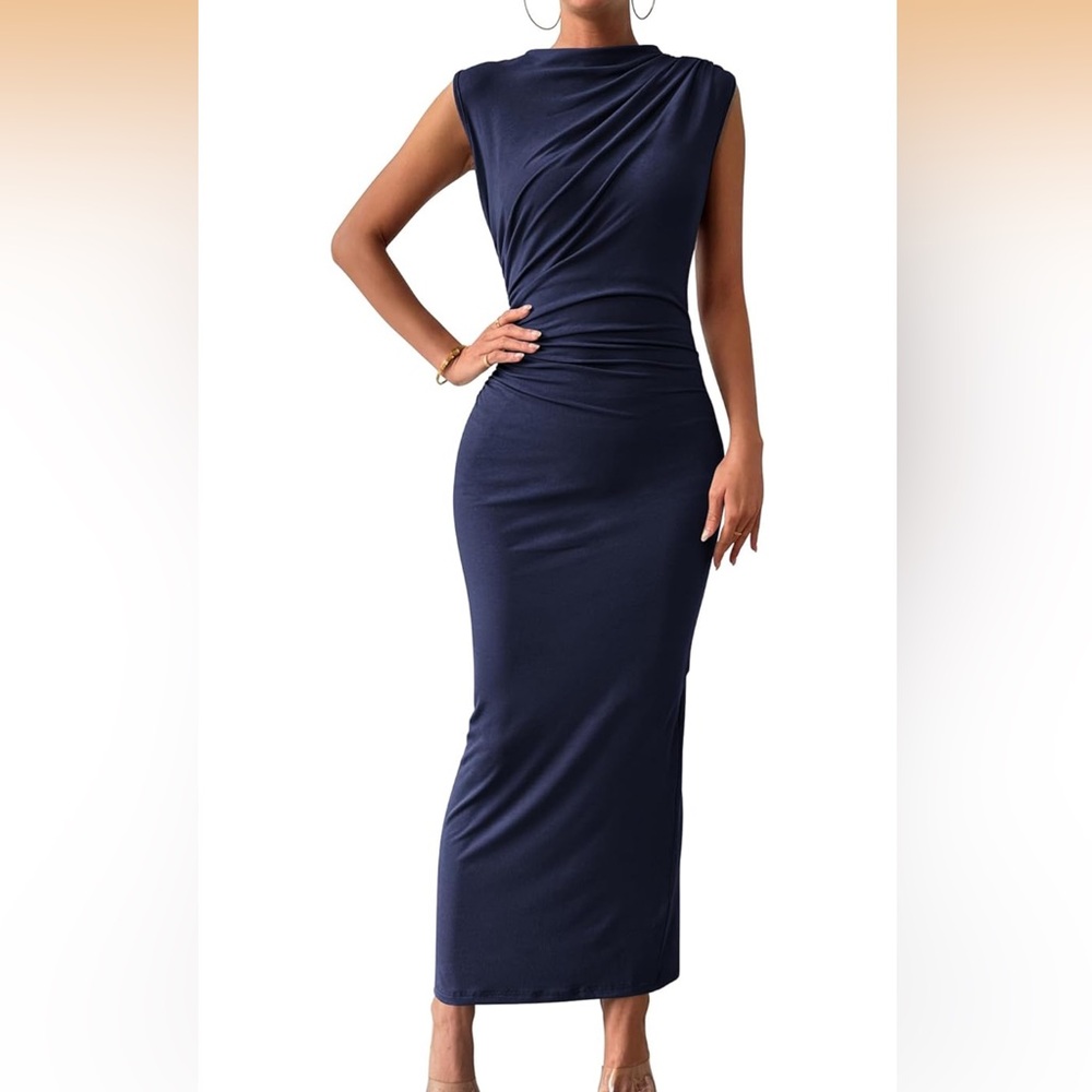 Elegant Navy Sleeveless Ruched Maxi Dress